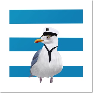 Captain Seagull on Blue Stripes Posters and Art